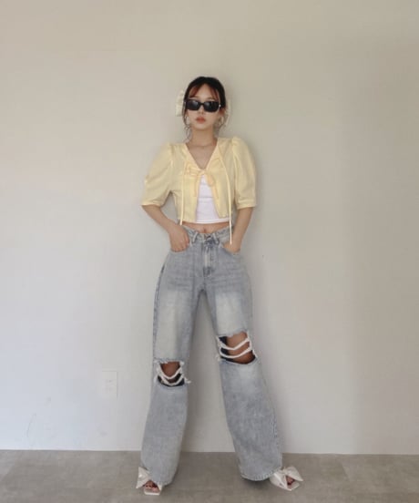 フリルヘムクロップドリボンカーディガン /Frill Hem Cropped Ribbon Cardigan