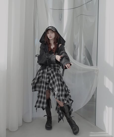【Black】レイヤードチェックワンピース / Layered Check Dress