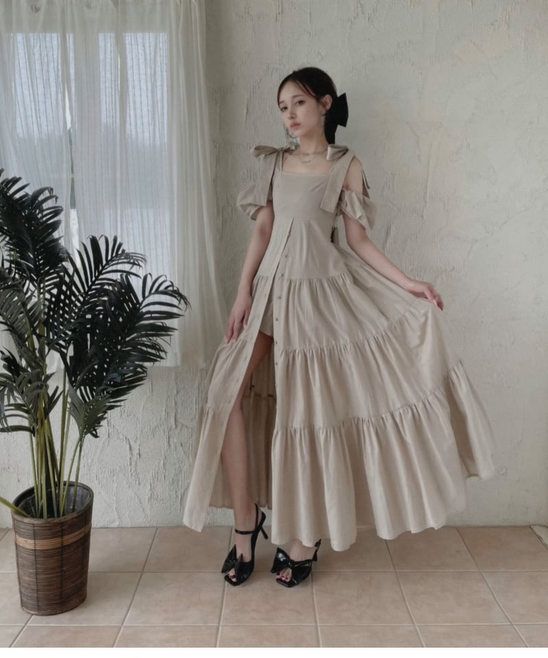 FICTION TOKYO ショルダーリボンサマーロングドレス 黒 ショルダーリボンサマーロングドレス / Shoulder Ribbon Summer