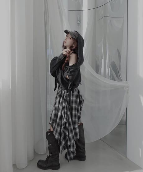 【Sheer Black】サイドカットフードシャツ/Side Cutting Hooded Shirts