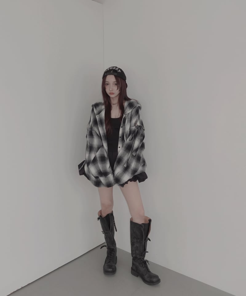 Check】サイドカットフードシャツ/Side Cutting Hooded Shirts