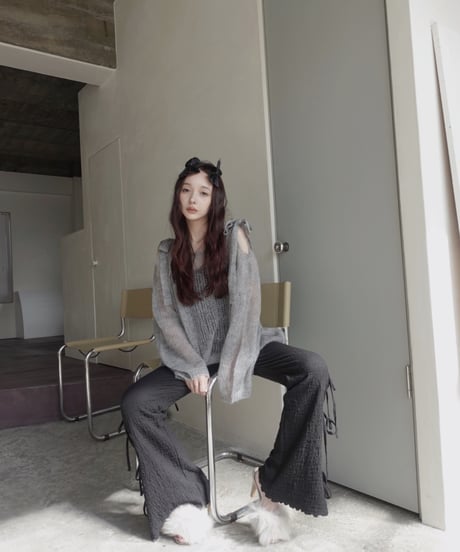 【Gray】ショルダーリボンモヘアニット/Shoulder Ribbon Mohair Knit