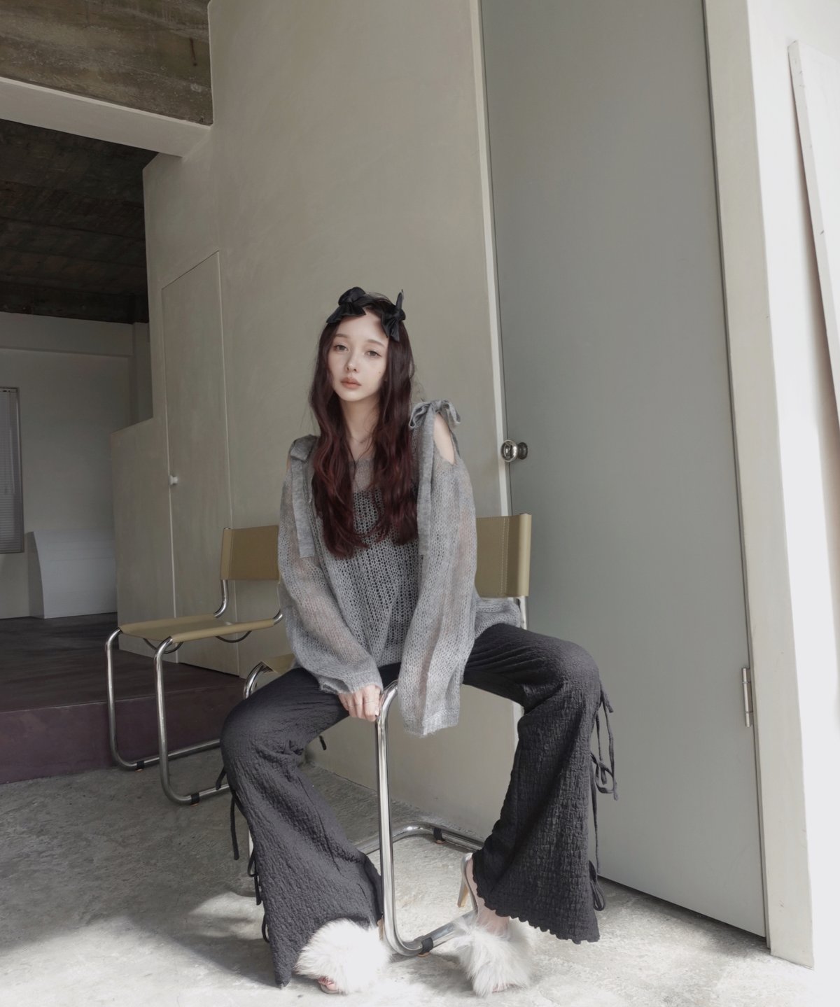 Gray】ショルダーリボンモヘアニット/Shoulder Ribbon Mohair Kni