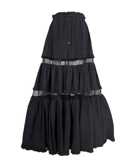 ［Black］フロントオープンレースティアードスカート / Front Open Lace Tiered Skirt