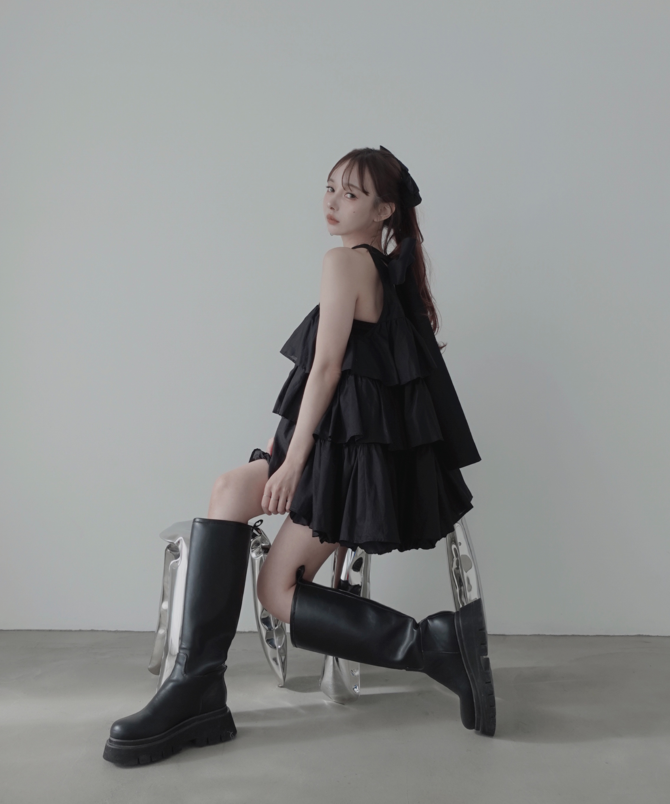 Black】ティアードバルーンチュニックワンピース / Tiered Balloon Tun