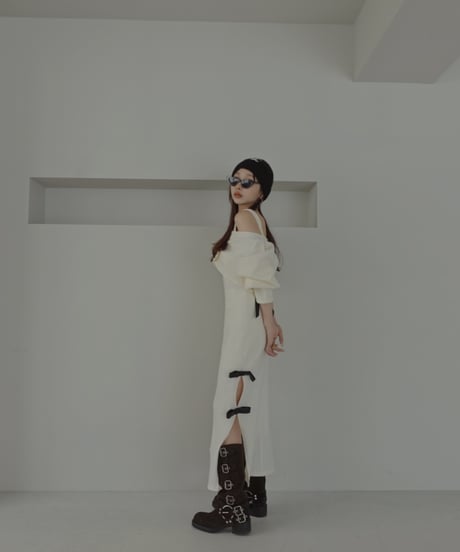 レザーリボンスリットワンピース / Faux Leather ribbon Slit One-Piece