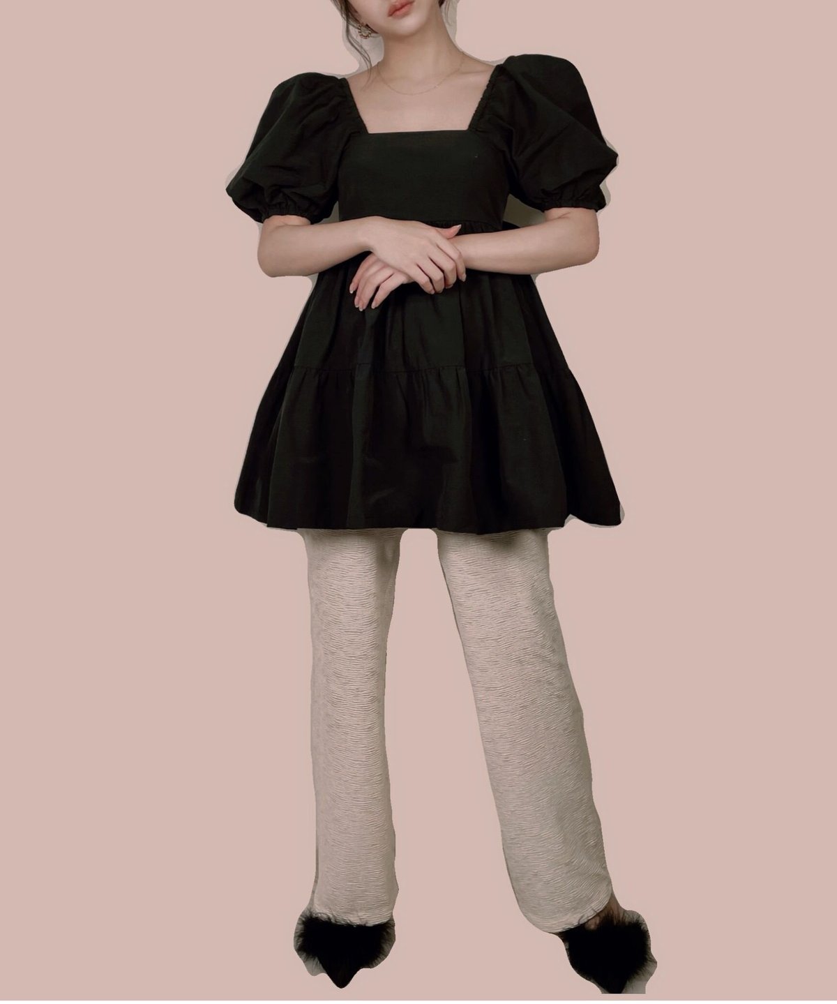 ブラック】パフスリーブチュニックワンピ Puff Sleeve Tunic One