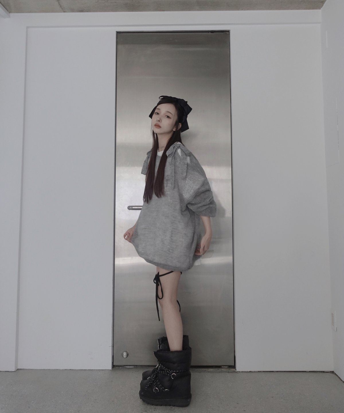 Gray】ショルダーリボンモヘアニット/Shoulder Ribbon Mohair Kni