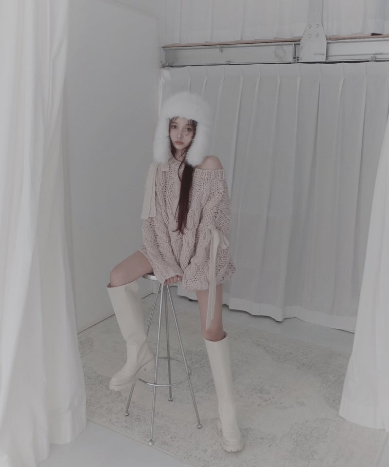 ハンドニッティングケーブルリボンニット/Hand-knitted Cable Ribbon K