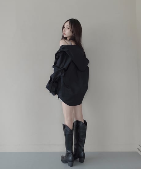 【Black】サイドカットフードシャツ/Side Cutting Hooded Shirts