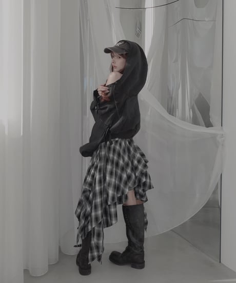 【Sheer Black】サイドカットフードシャツ/Side Cutting Hooded Shirts