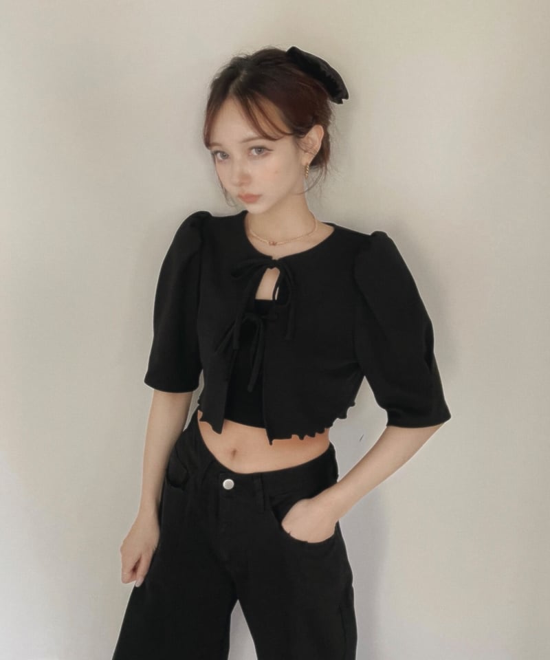 フリルヘムクロップドリボンカーディガン /Frill Hem Cropped Ribbon C...