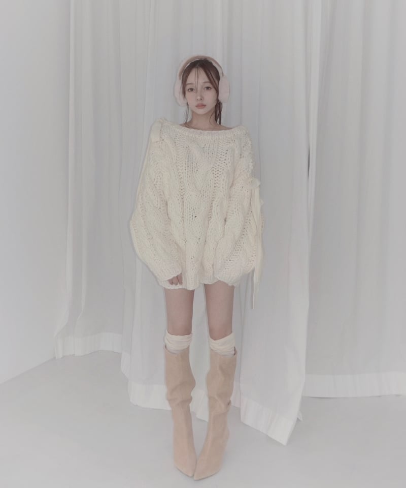 ハンドニッティングケーブルリボンニット/Hand-knitted Cable Ribbon K