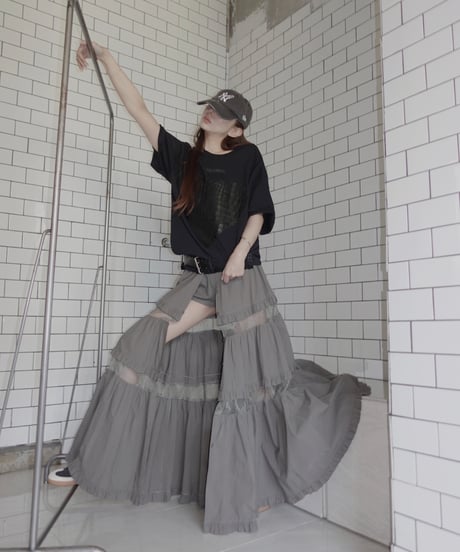 ［Moss Grey］フロントオープンレースティアードスカート / Front Open Lace Tiered Skirt