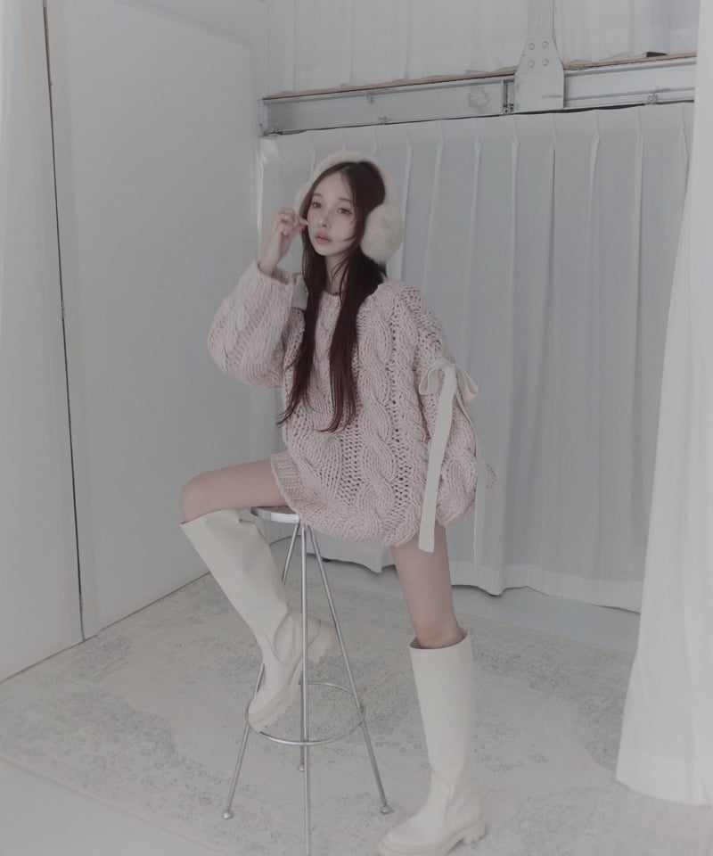 ハンドニッティングケーブルリボンニット/Hand-knitted Cable Ribbon K