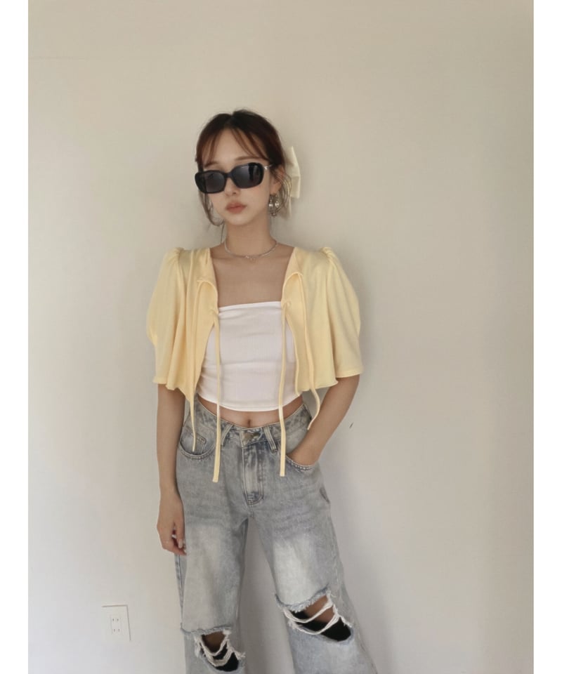 フリルヘムクロップドリボンカーディガン /Frill Hem Cropped