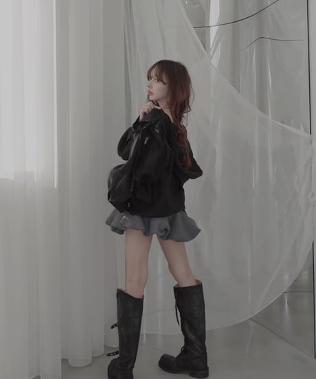 【Sheer Black】サイドカットフードシャツ/Side Cutting Hooded Shirts