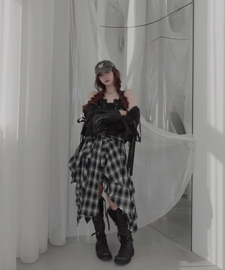 【Black】レイヤードチェックワンピース / Layered Check Dress