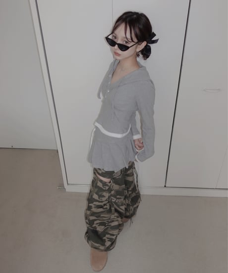 【LightGray】レイヤードフードトップス / Layered Hood Top