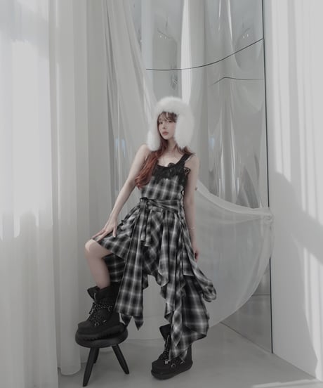 【Black】レイヤードチェックワンピース / Layered Check Dress