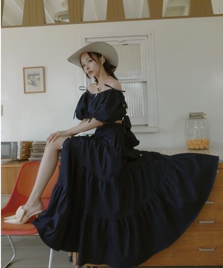 バックリボンデニムティアードスカート / Back Ribbon Denim Tiered Skirt