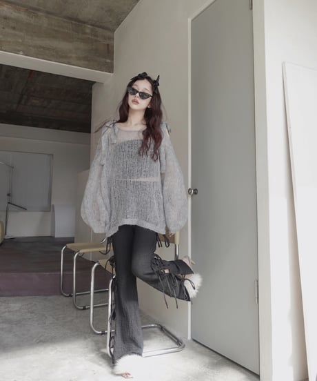 【Gray】ショルダーリボンモヘアニット/Shoulder Ribbon Mohair Knit