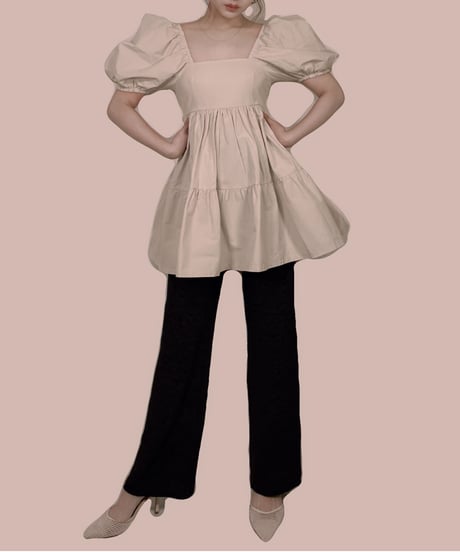 【ベージュ】パフスリーブチュニックワンピ Puff Sleeve Tunic One-Piece