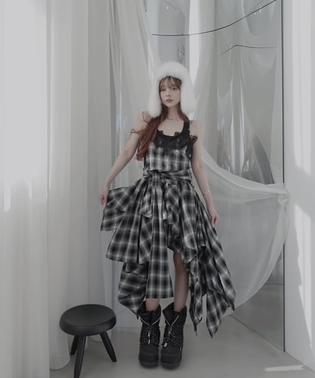 【Black】レイヤードチェックワンピース / Layered Check Dress