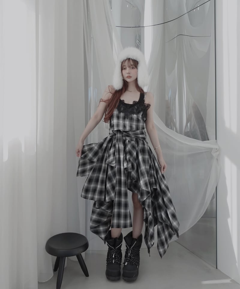 Black】レイヤードチェックワンピース / Layered Check Dress | F