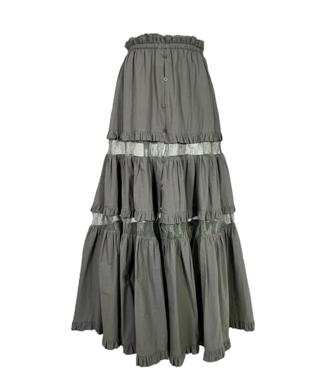 ［Moss Grey］フロントオープンレースティアードスカート / Front Open Lace Tiered Skirt