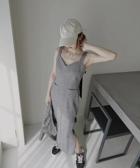 レザーリボンスリットワンピース / Faux Leather ribbon Slit One-Piece