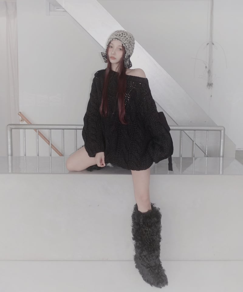 ハンドニッティングケーブルリボンニット/Hand-knitted Cable Ribbon K