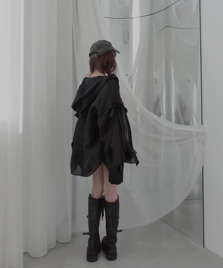 【Sheer Black】サイドカットフードシャツ/Side Cutting Hooded Shirts