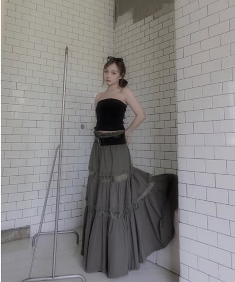 ［Moss Grey］フロントオープンレースティアードスカート / Front Open Lace Tiered Skirt