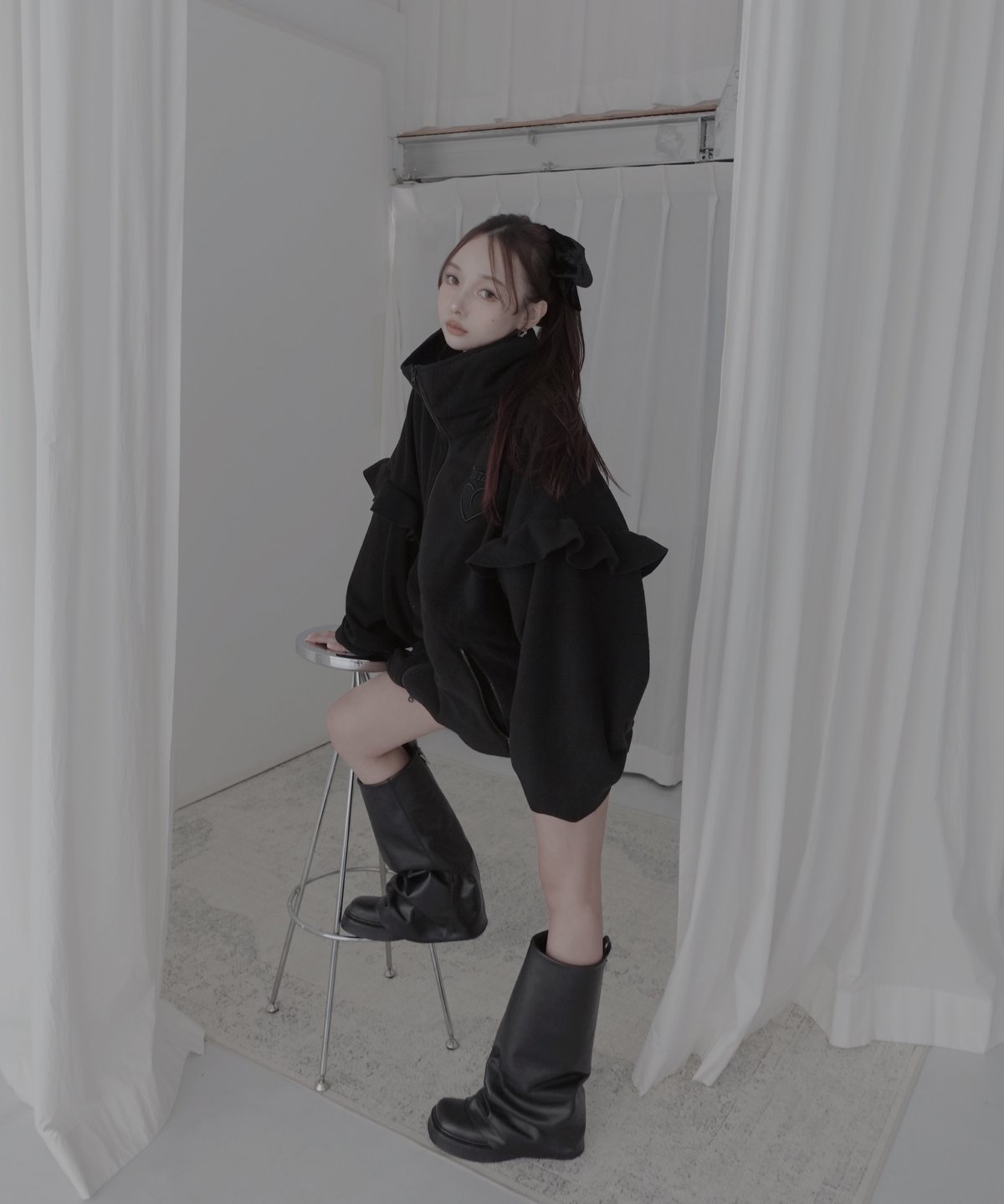 Black】ダブルジップフリルフリース /Double Zip Frill Fleece |