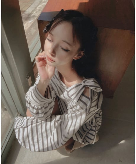 ショルダーリボンボーダーチュニックワンピース / Shoulder Ribbon Stripes Tunic One-Piece