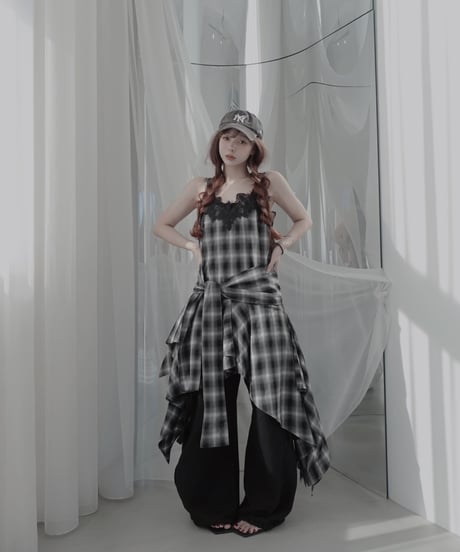 【Black】レイヤードチェックワンピース / Layered Check Dress