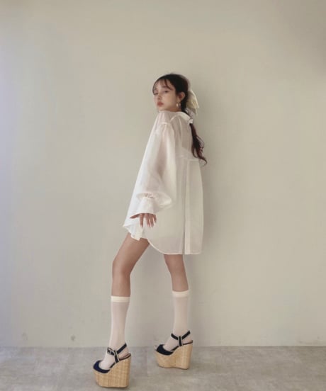 バックオープンシアーシャツ + ミニリブワンピ/Back Open Sheer Shirts + mini cami One-piece