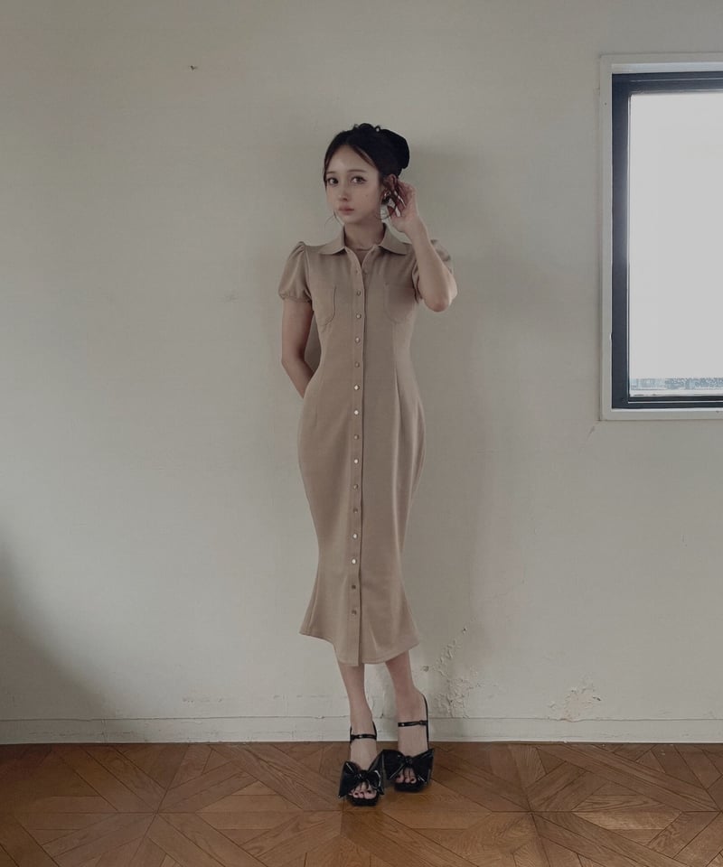 FICTION バックリボン　ポロ　フレアワンピース　ブラック バックリボンポロフレアワンピース /Back Ribbon Polo Flare One