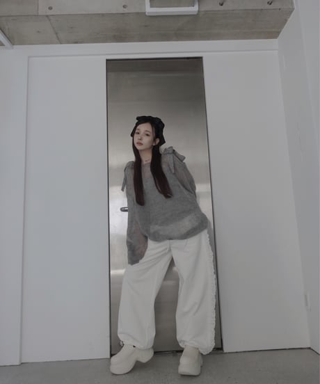 【Gray】ショルダーリボンモヘアニット/Shoulder Ribbon Mohair Knit