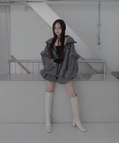 【Gray】ダブルジップフリルフリース /Double Zip Frill Fleece
