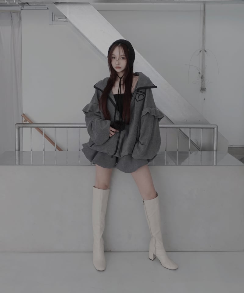 Gray】ダブルジップフリルフリース /Double Zip Frill Fleece |