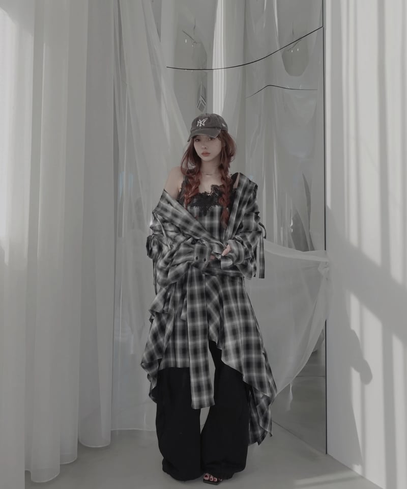 Check】サイドカットフードシャツ/Side Cutting Hooded Shirts