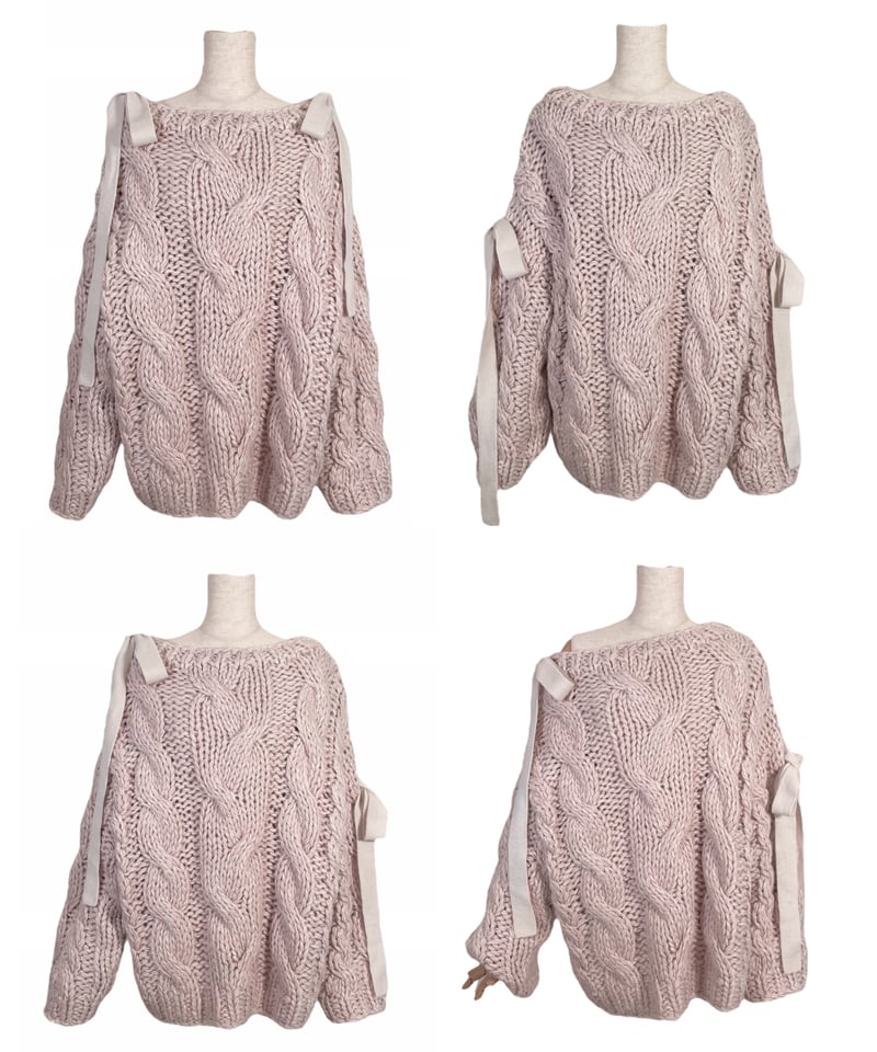 ハンドニッティングケーブルリボンニット/Hand-knitted Cable Ribbon K