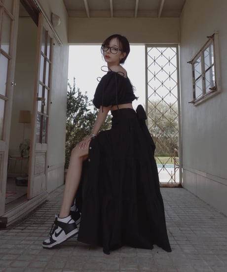 バックリボンデニムティアードスカート / Back Ribbon Denim Tiered Skirt