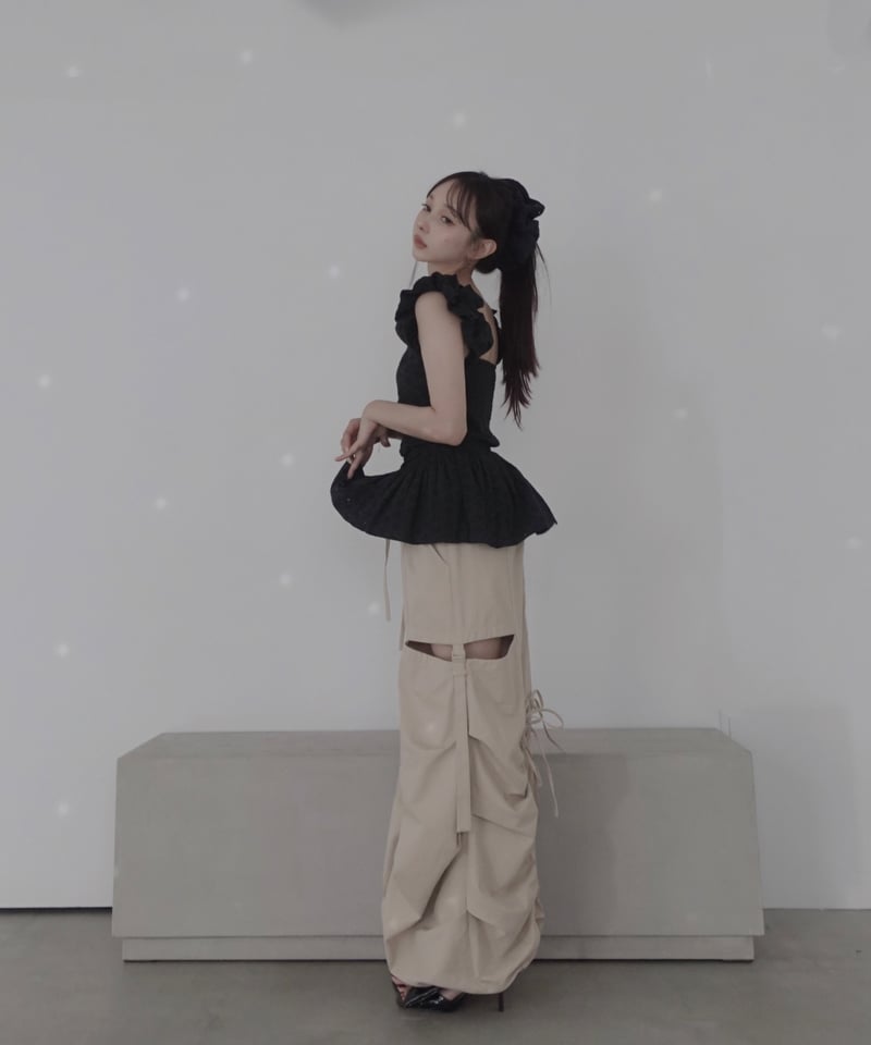 Waka♡レース被布 Black】コットンレーストップ(+ビッグシュシュ）/ CottonLace