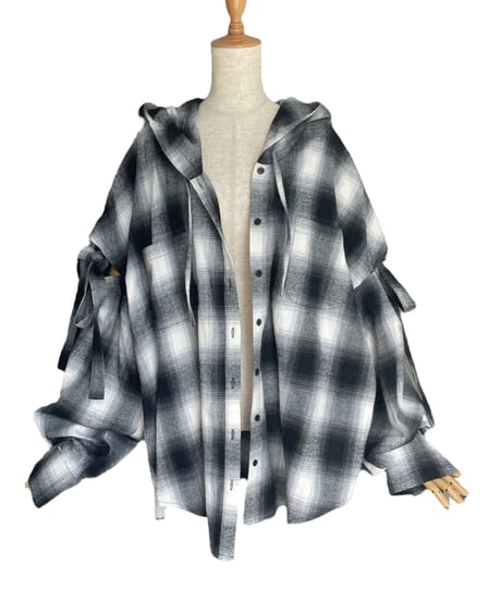 【Check】サイドカットフードシャツ/Side Cutting Hooded Shirts