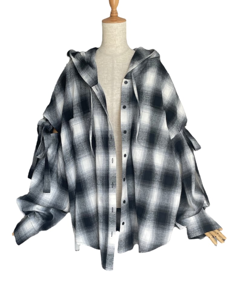 Check】サイドカットフードシャツ/Side Cutting Hooded Shirts