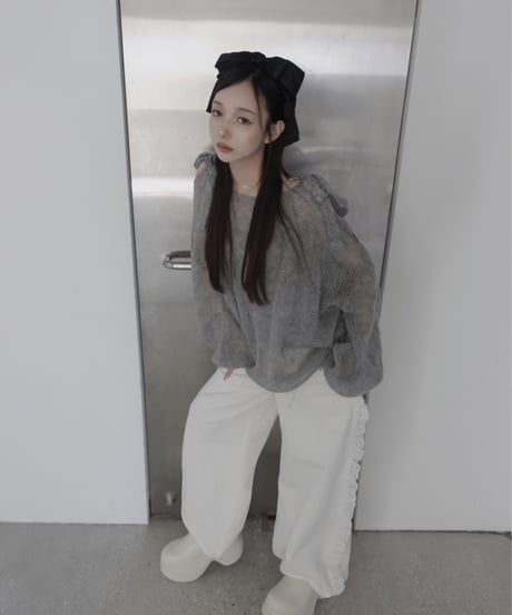 【Gray】ショルダーリボンモヘアニット/Shoulder Ribbon Mohair Knit