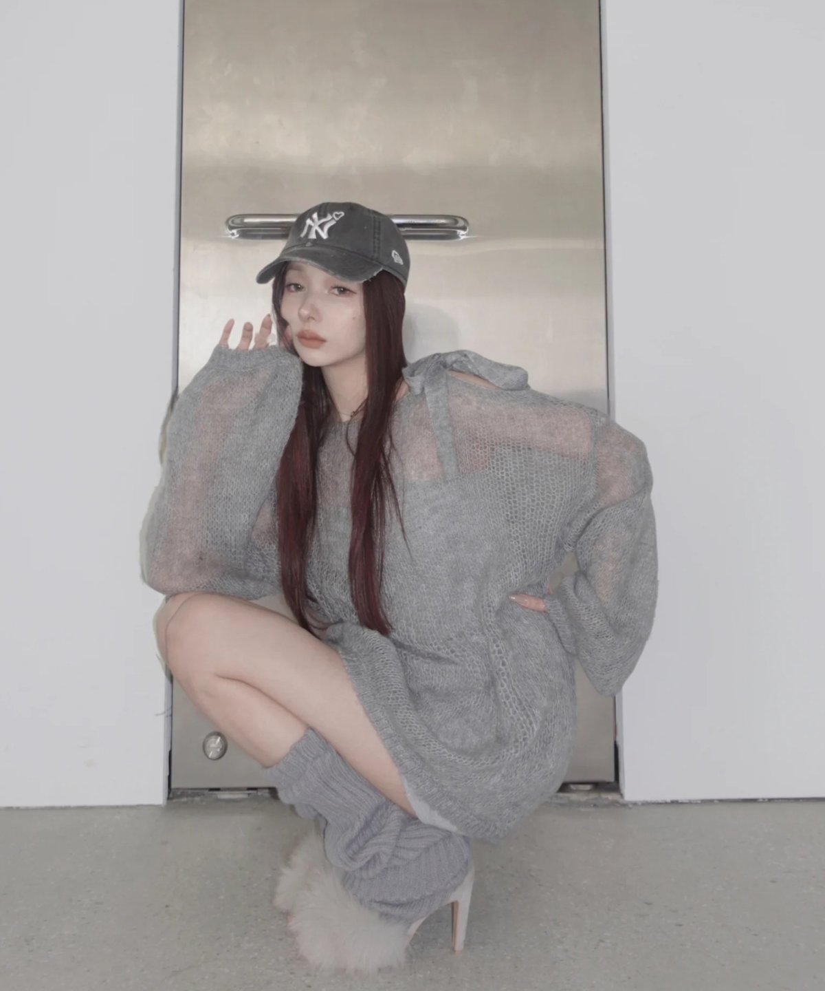 Gray】ショルダーリボンモヘアニット/Shoulder Ribbon Mohair Kni